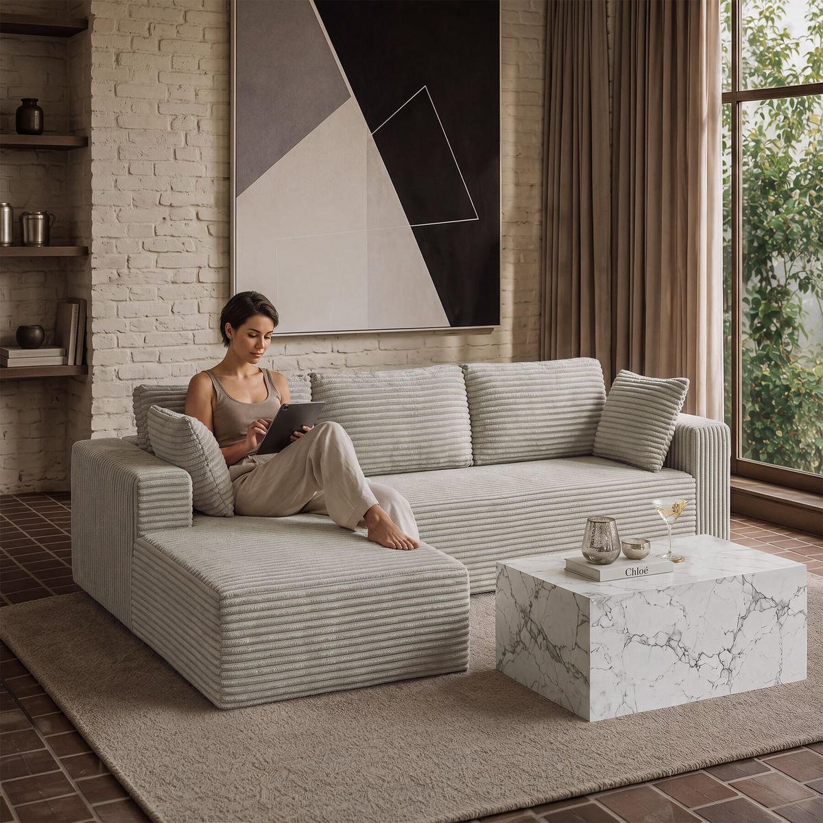 SOFA Relax, keine Montage, 250 cm Breite, Samtcord beige - Beige, Kunststoff/Textil (250/162cm) - tectake
