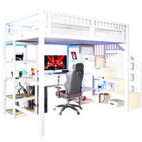 HOCHBETT 140/200 cm in Weiß – mit Schreibtisch, Stauraumleiter und LED - Weiß, Metall (140/200cm) - BEAOK