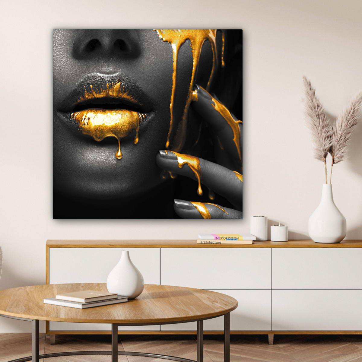 LEINWANDBILD Frau - Schwarz - Gold - Gesicht - Lippen 90x90 cm - Goldfarben, Textil (90/90cm) - MuchoWow
