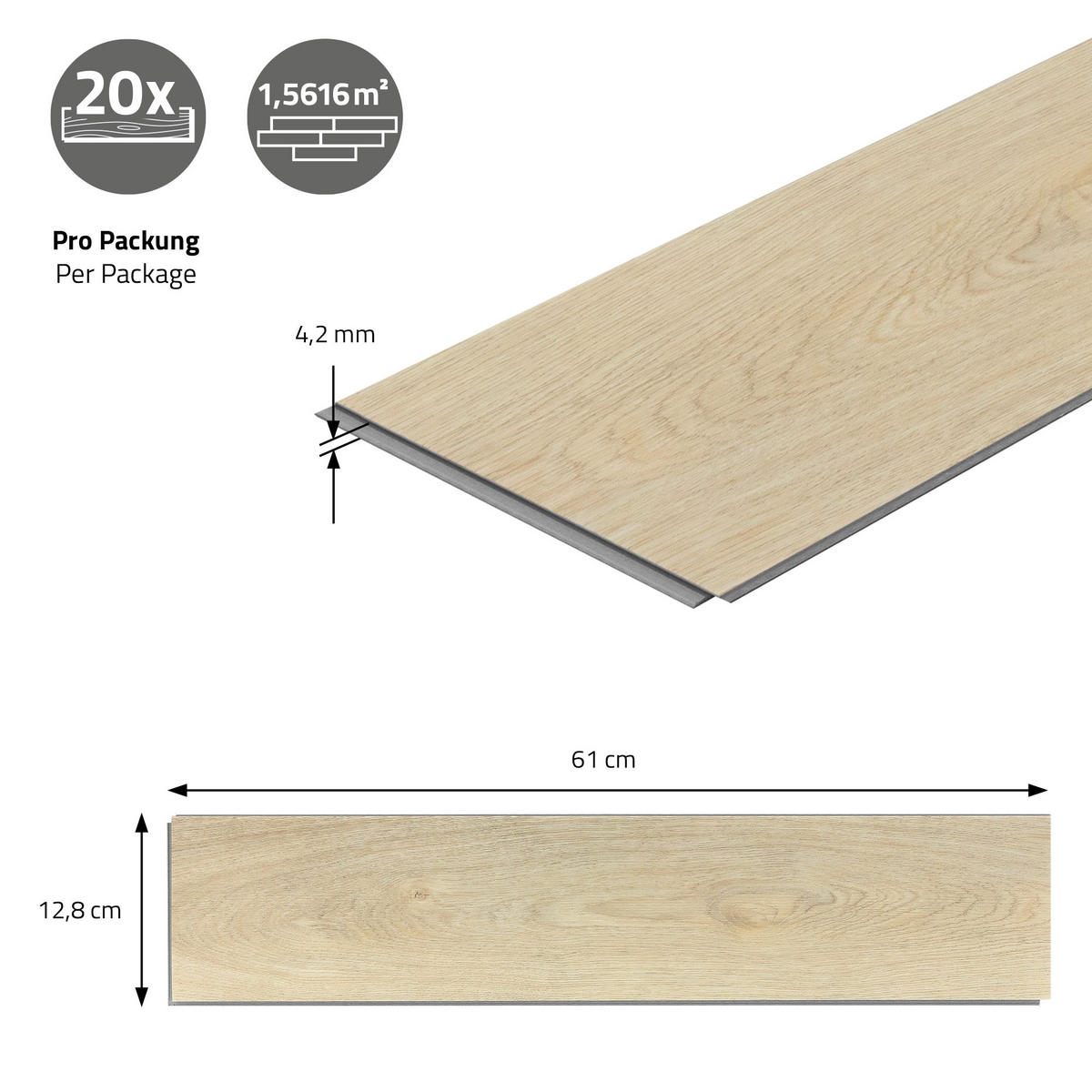 VINYLBODEN Click 1,56m²/20 Dielen Fischgrät Eiche Natur - Beige, Kunststoff (61.5/12.8/0.42cm) - ML-DESIGN