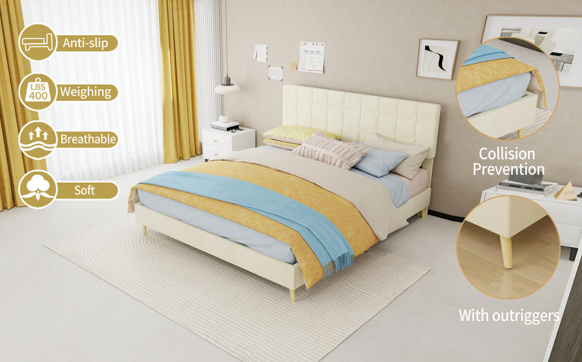POLSTERBETT 160/200 cm mit karierter Kopfteilpolsterung und Holzfüßen, Beige - Beige, Textil (160/200cm) - Redom