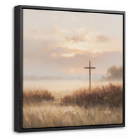 LEINWAND Bilder mit Rahmen - Gras - Morgennebel - Kreuz - Christentum - 20x20 - Beige, Textil (20/20cm) - MuchoWow
