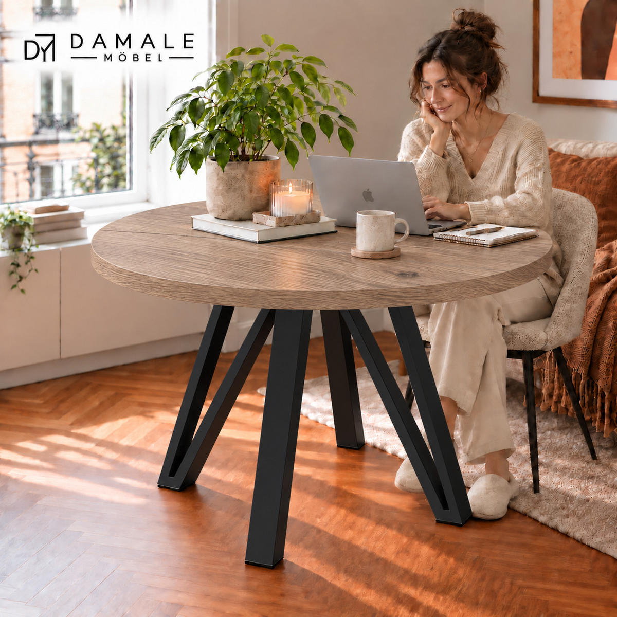 ESSTISCH rund ausziehbar 90/190/76 cm, Graubraun Eiche Halifax Egger, 54 cm Tischplatte + Industrial Metallgestell Schwarz - Eichefarben/Graubraun, Holzwerkstoff/Metall (90/190/76cm) - Damale Möbel
