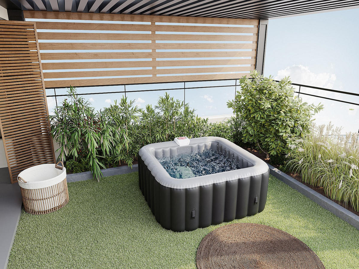 AUFBLASBARER Whirlpool für 4 Personen - quadratisch - 154 x 154 x 65 cm - 120 Wasserdüsen - Schwarz & Grau - B-COSY II - Schwarz, Kunststoff (154/65/154cm) - Vente-Unique