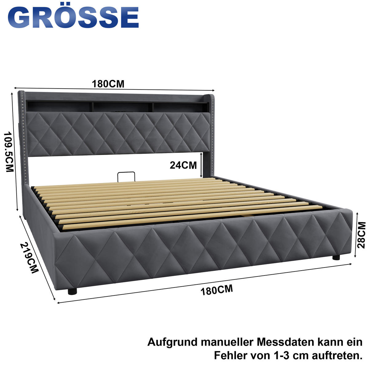 POLSTERBETT 180×200 mit LED-Beleuchtung, Bettkasten und Matratze - Grau, Holzwerkstoff/Textil (180/200cm) - EVRYAE