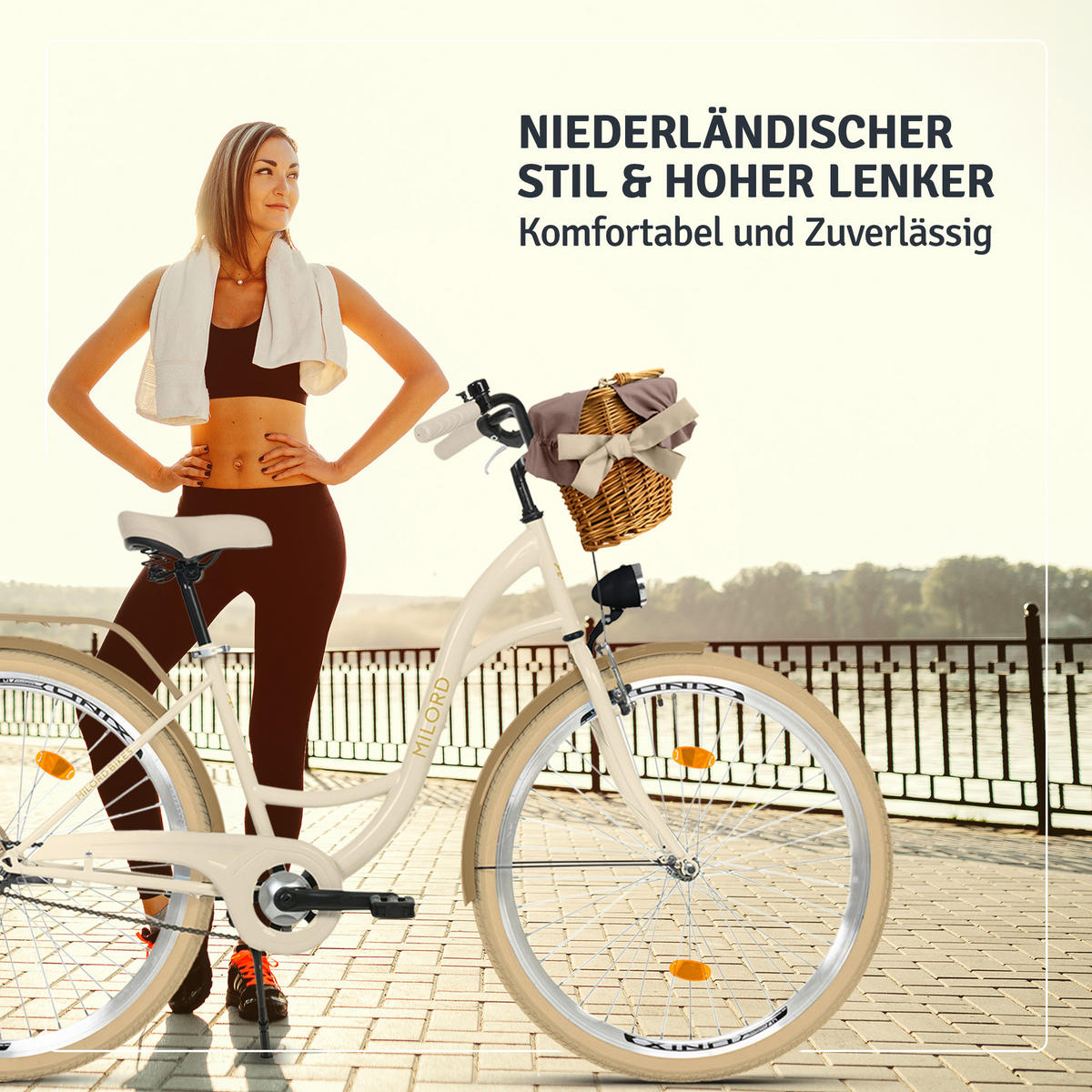CITY-FAHRRAD Milord mit Weidenkorb, 28 Zoll, Creme-Braun, 1-Gang - Creme/Braun, Metall (46cm) - Milordbikes