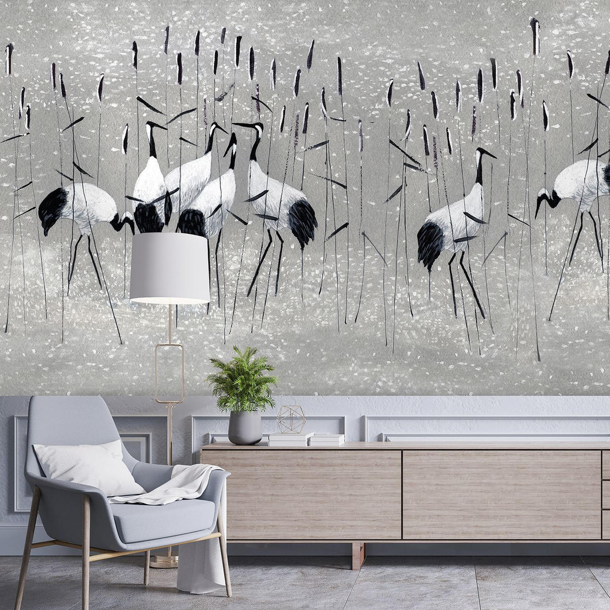 FOTOTAPETE Kraniche 371 x 280 cm - Grau, Papier (371/280cm) - Sanders & Sanders
