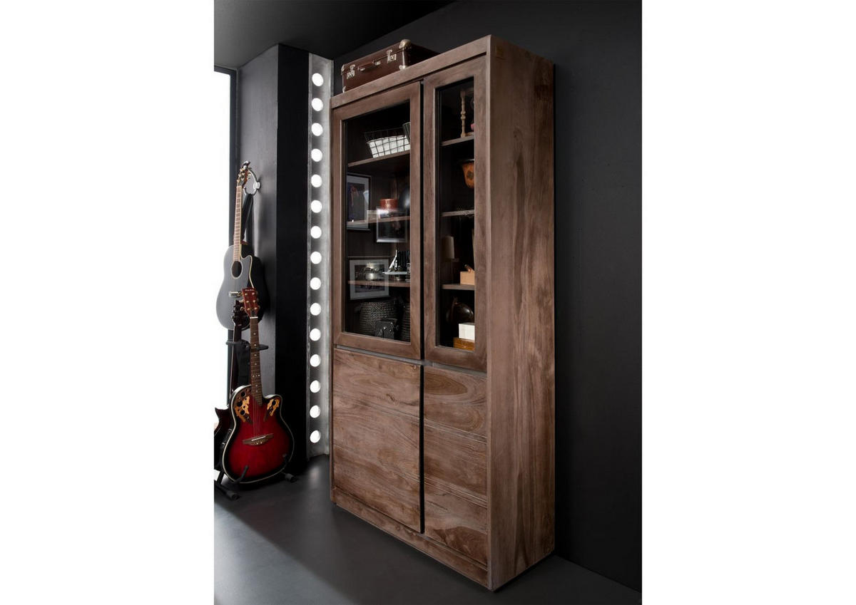 VITRINE Sheesham 102x40x205 smoked oak lackiert SYDNEY #201 - Grau, Holz (102/205/40cm) - Massivmoebel24