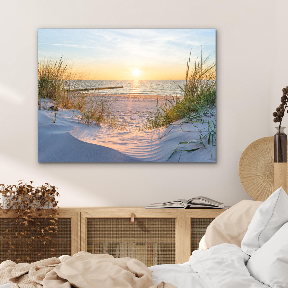 KOVOVÝ OBRAZ Pláž - Slnko - Duny - Tráva - Piesok - Horizont 80x60 cm - svetlomodrá, kov (80/60cm) - MuchoWow