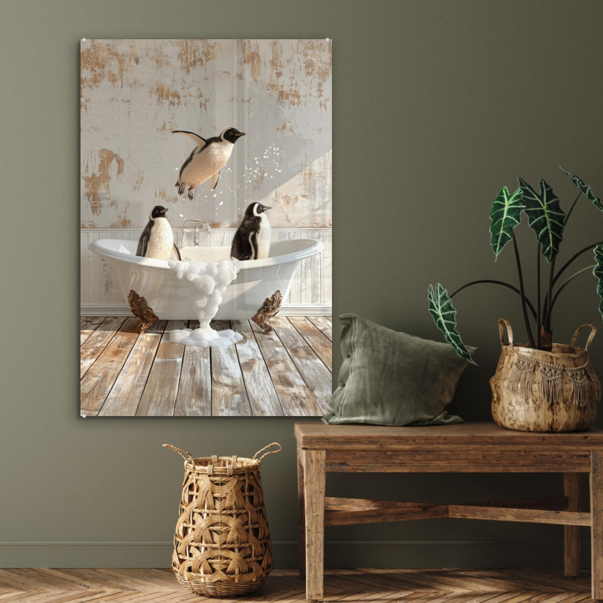 ACRYLGLASBILD Vintage - Pinguin - Badewanne - Schaumstoff 60x90 cm - Schwarz, Glas (60/90cm) - MuchoWow
