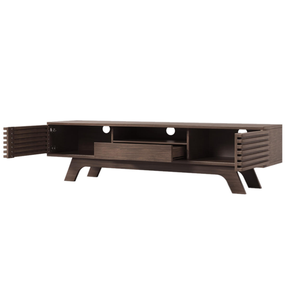 TV stolek 150/35/44 cm s dvěma dvířky, zásuvkou, otevřenými policemi a kabelovými průchodkami, Přírodní - světle hnědá, kompozitní dřevo (150/44/35cm) - Redom
