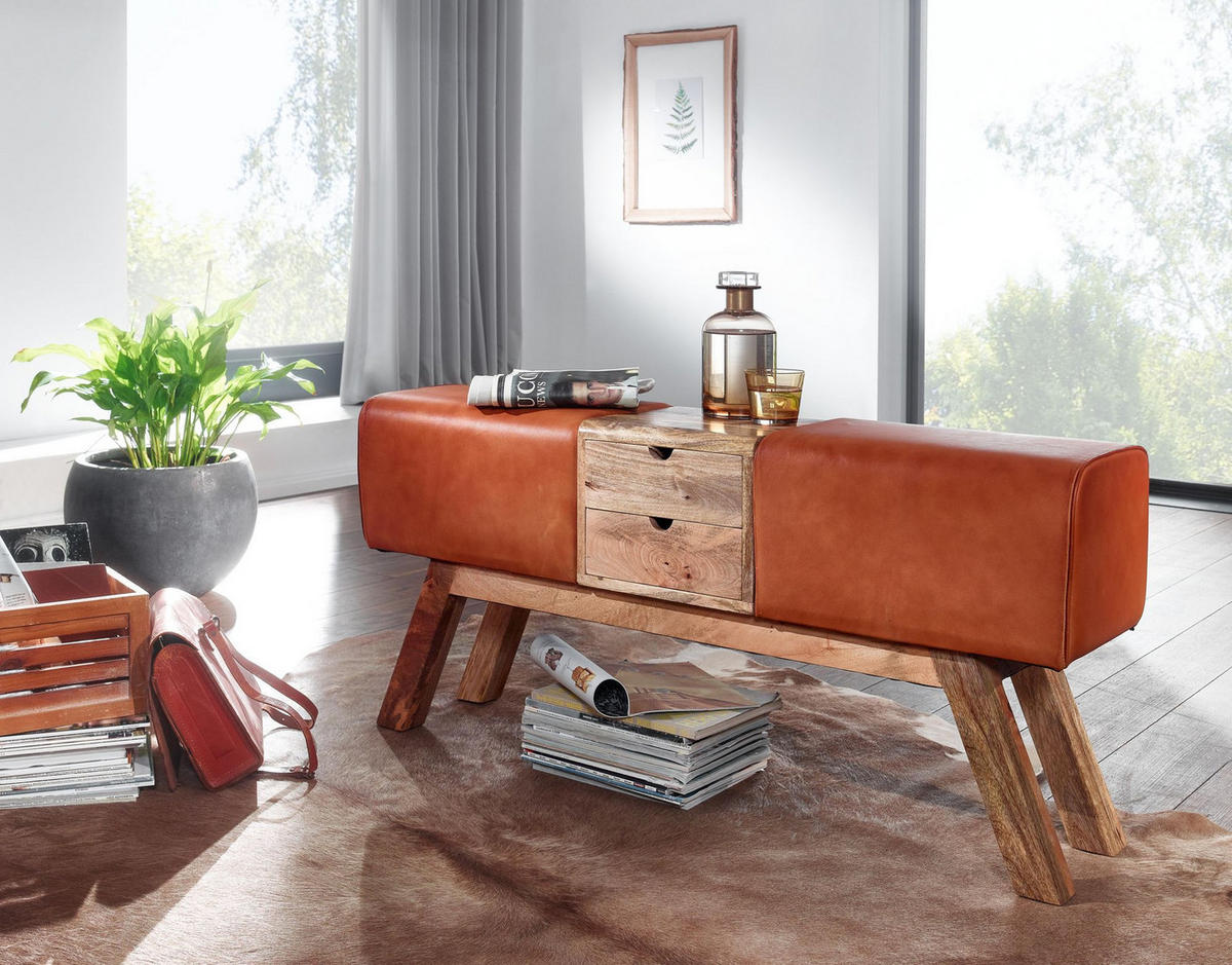 SITZBANK Massivholz Stoffbezug mit 2 Schubladen, Braun 120x30x56 cm - Braun, Mangoholz/Leder (120/56/30cm) - KADIMA DESIGN