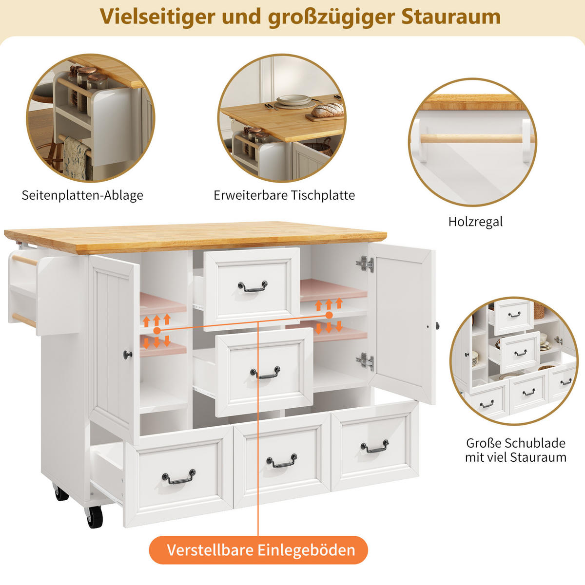 KÜCHENINSEL 120/73/93 cm in Weiß mit Klapptisch, Rollen und viel Stauraum - Weiß, Holzwerkstoff (120/93/45cm) - Flora Grace