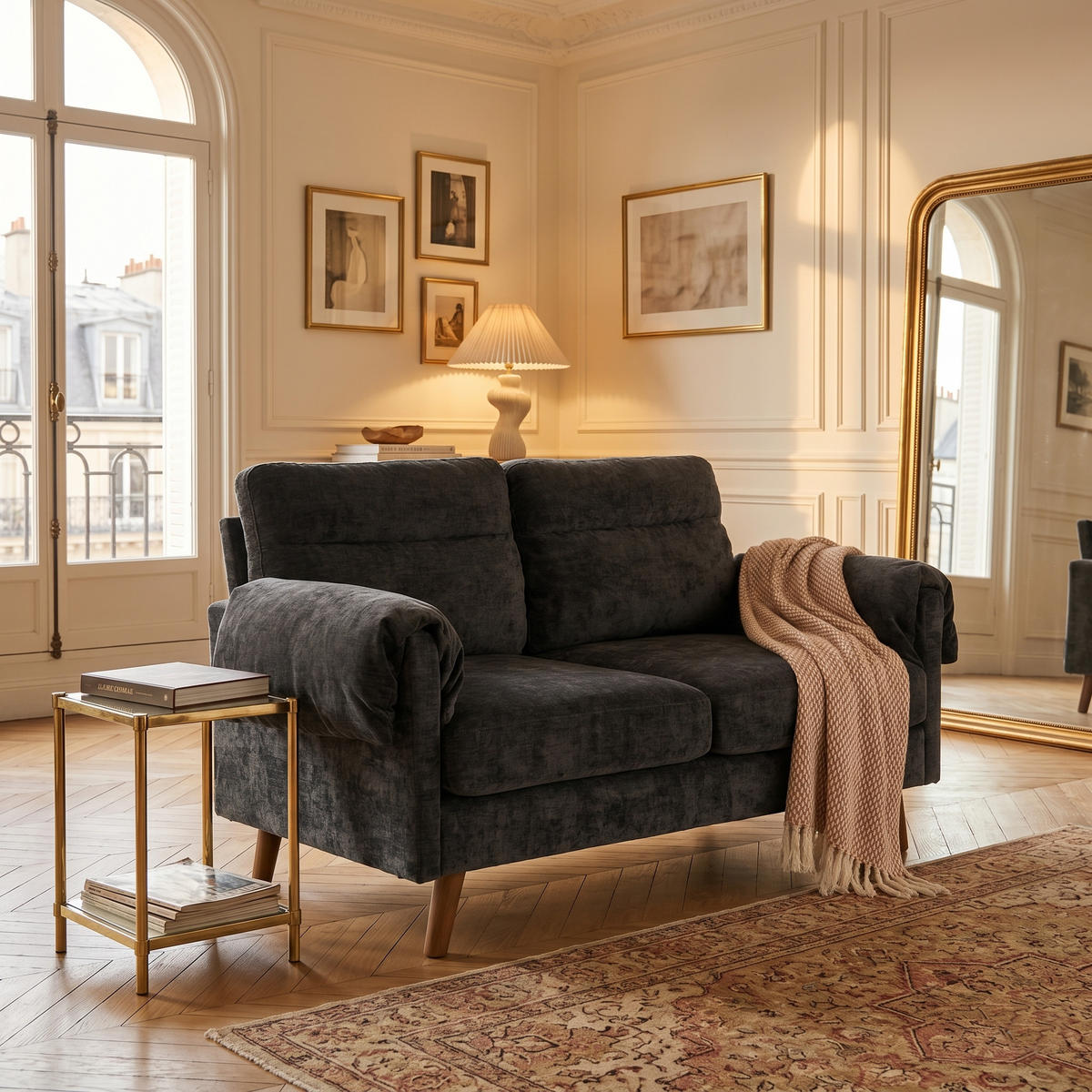 2-SITZER-SOFA aus schwarzem Chenille, kompakt und platzsparend - Schwarz, Textil (70/85/124cm) - Urban Meuble