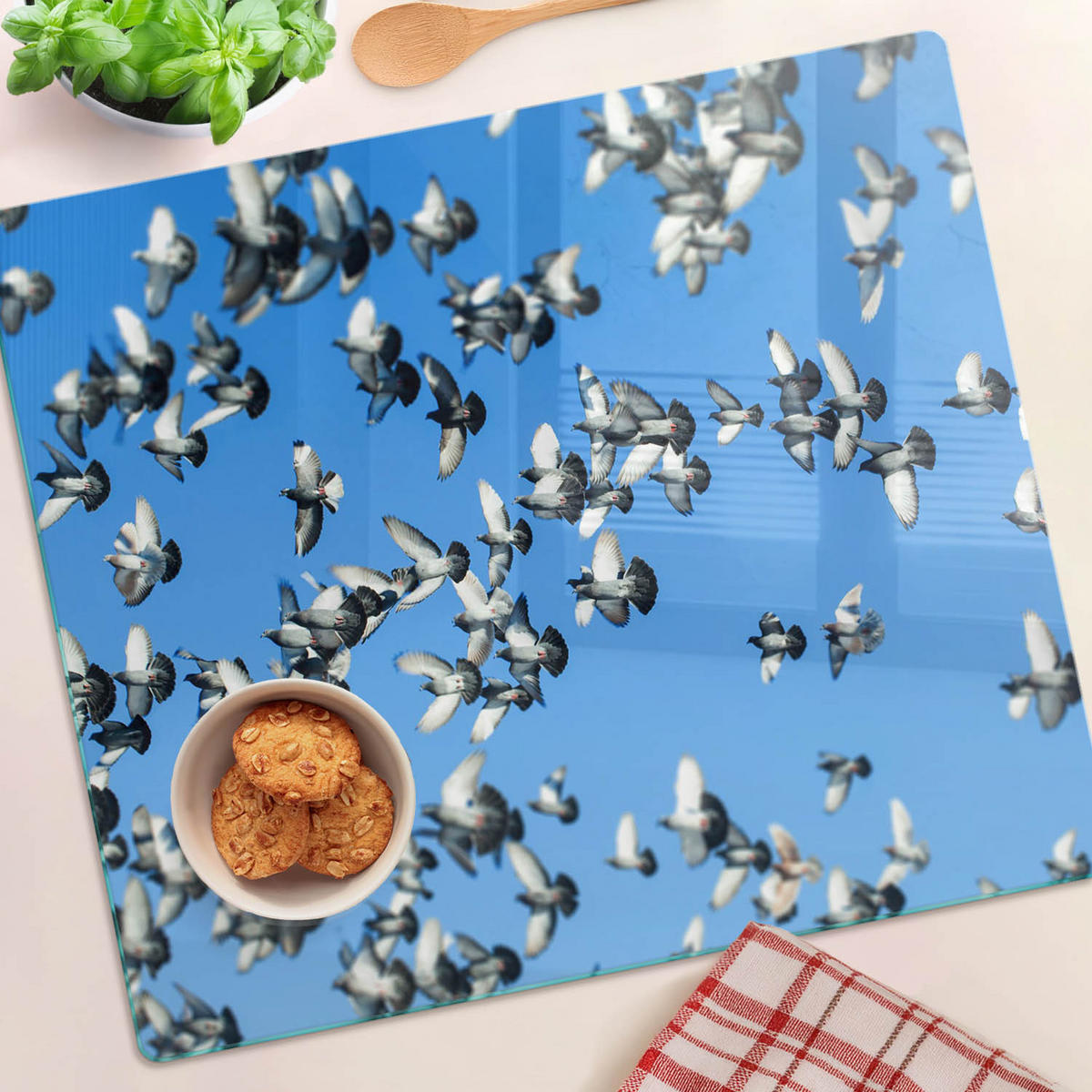 GLASPLATTE 60x52 cm Ein Schwarm Tauben - Weiß, Glas (60/0.4cm) - TULUP