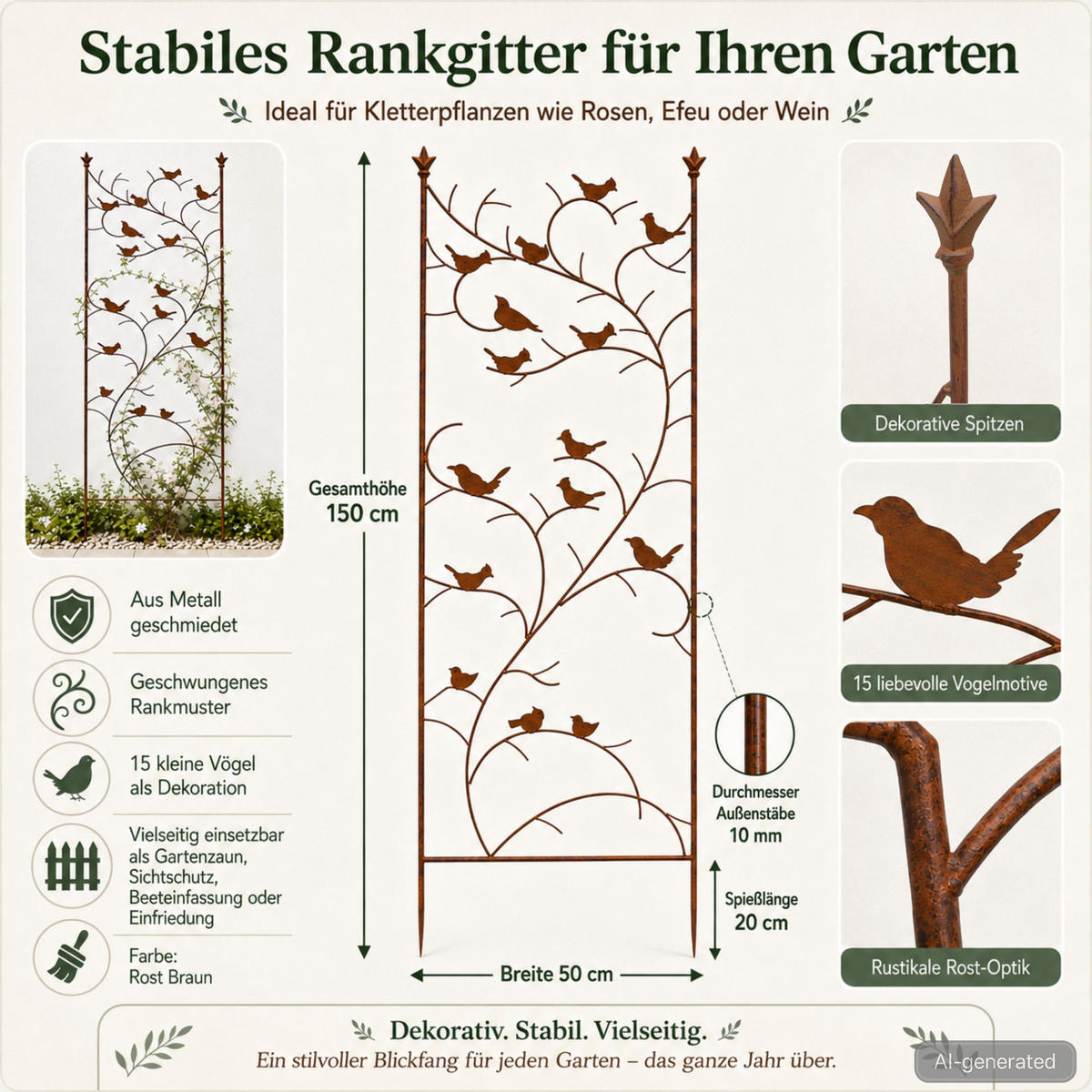 RANKGITTER mit Vögel Metall Rostbraun 150 cm - Braun, Metall (50/150/1cm) - DanDiBo