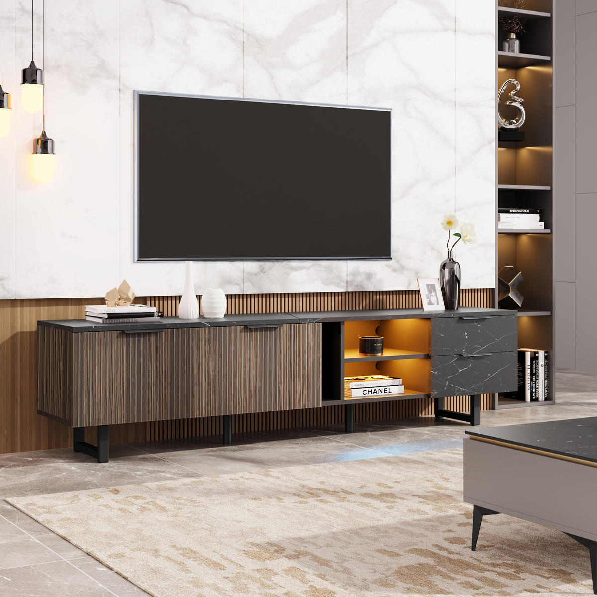 TV Lowboard LED 200x38x50 cm, 2 Türen, 2 Schubladen - Schwarz, Holz (200/50/38cm)