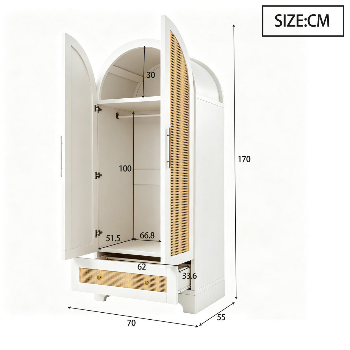 KLEIDERSCHRANK 70/55/170 cm aus Holz mit Schubladen, Weiß - Weiß, Holz (55/170/70cm) - OKMYHOME