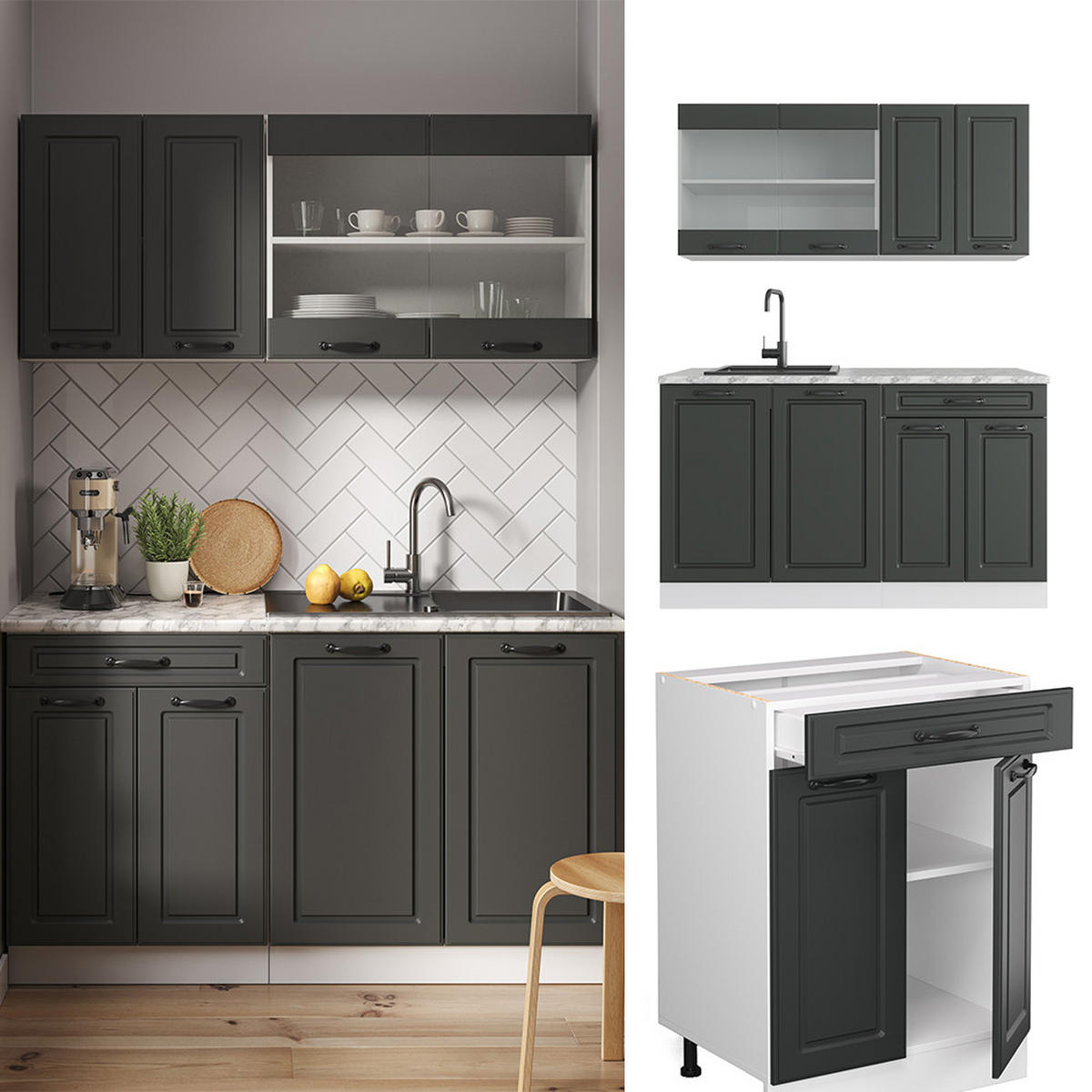 SINGLEKÜCHE R-Line Anthrazit Landhaus/Weiß 140 cm, AP Anthrazit - Dunkelgrau/Anthrazit, Holzwerkstoff (140/81.6/60cm) - Vicco