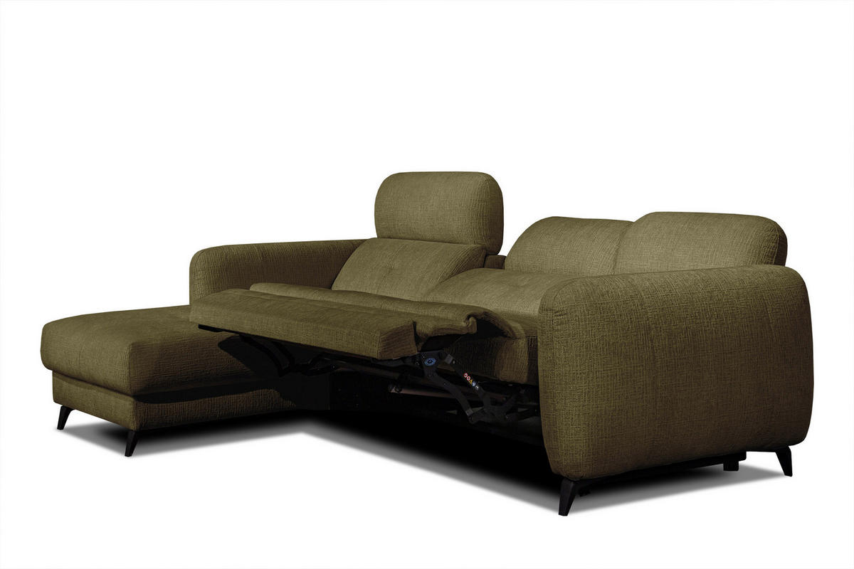ECKSOFA SVEN 3-Sitzer, 1 Relax XL, verstellbare Kopfstützen, olivgrün - Schwarz/Olivgrün, Holzwerkstoff/Textil (256/163cm) - Courtois Laville