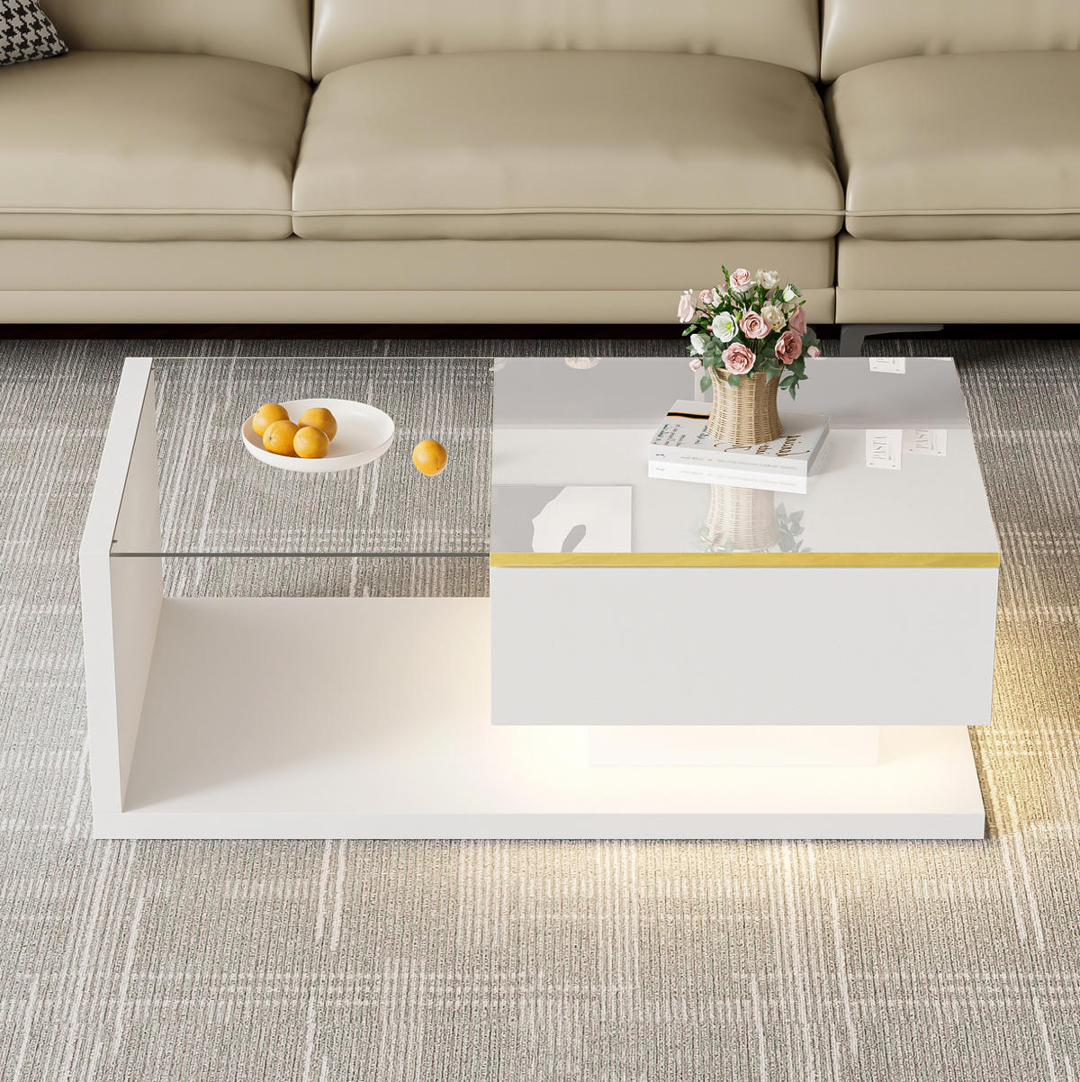 KONFERENČNÍ stolek, 90/50/32,5 cm bílý, se sklem a LED osvětlením - bílá, kompozitní dřevo (90/50/32.5cm) - BEAOK