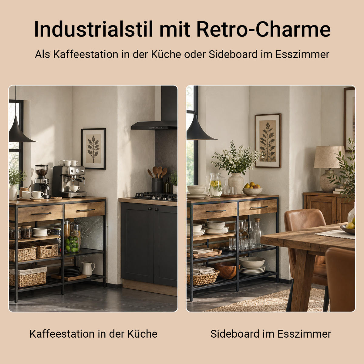 KÜCHENSCHRANK mit 120 cm Arbeitsplatte, 2 Schubladen, 4 offenen Fächern, Vintage Braun, für Küche, Esszimmer und Flur - Braun, Holz/Holzwerkstoff (120/91/45cm) - SoBuy