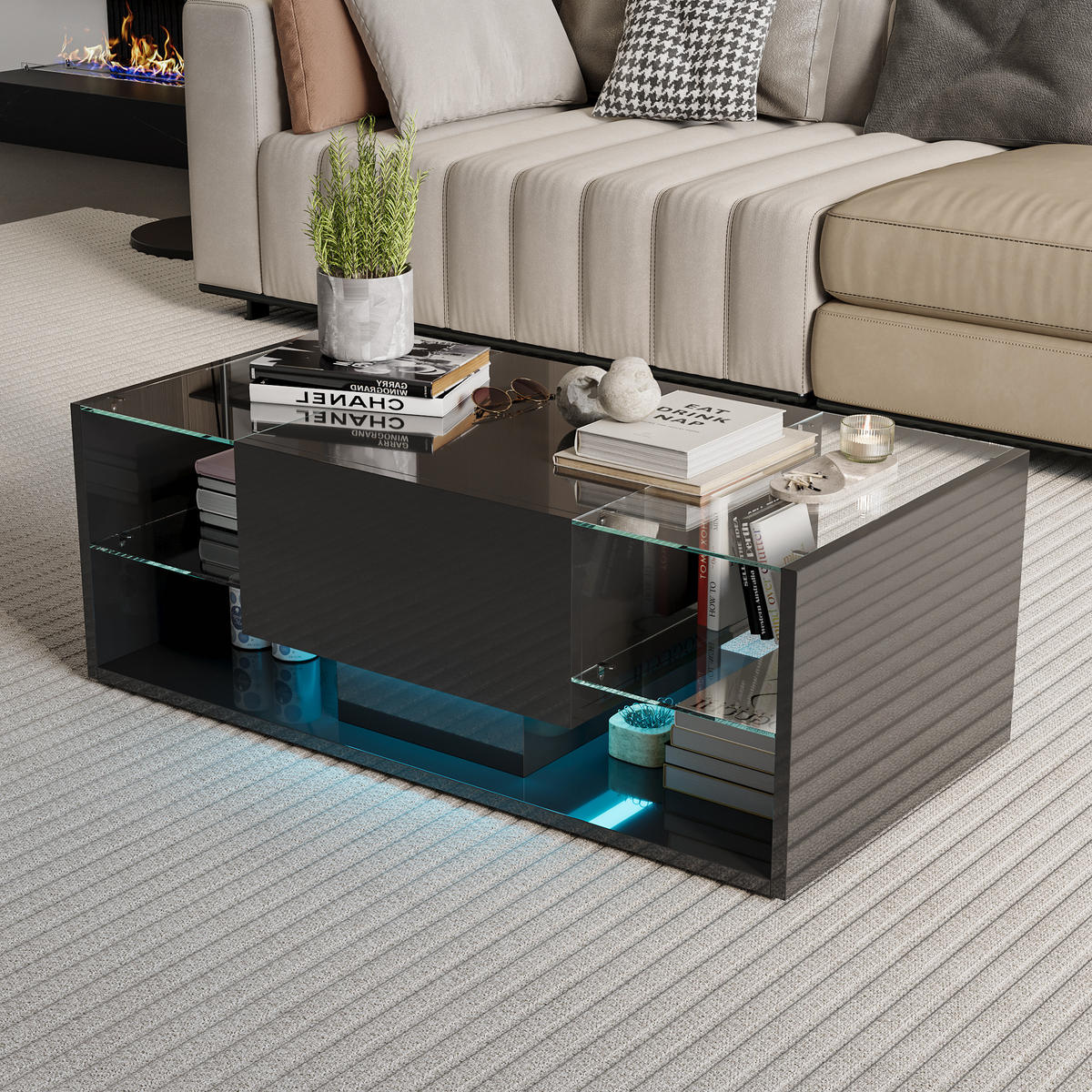 COUCHTISCH Hochglanz Schwarz mit LED, Glas & Aufbewahrung - Schwarz, Metall (100/50/35cm) - SHOPENTRA