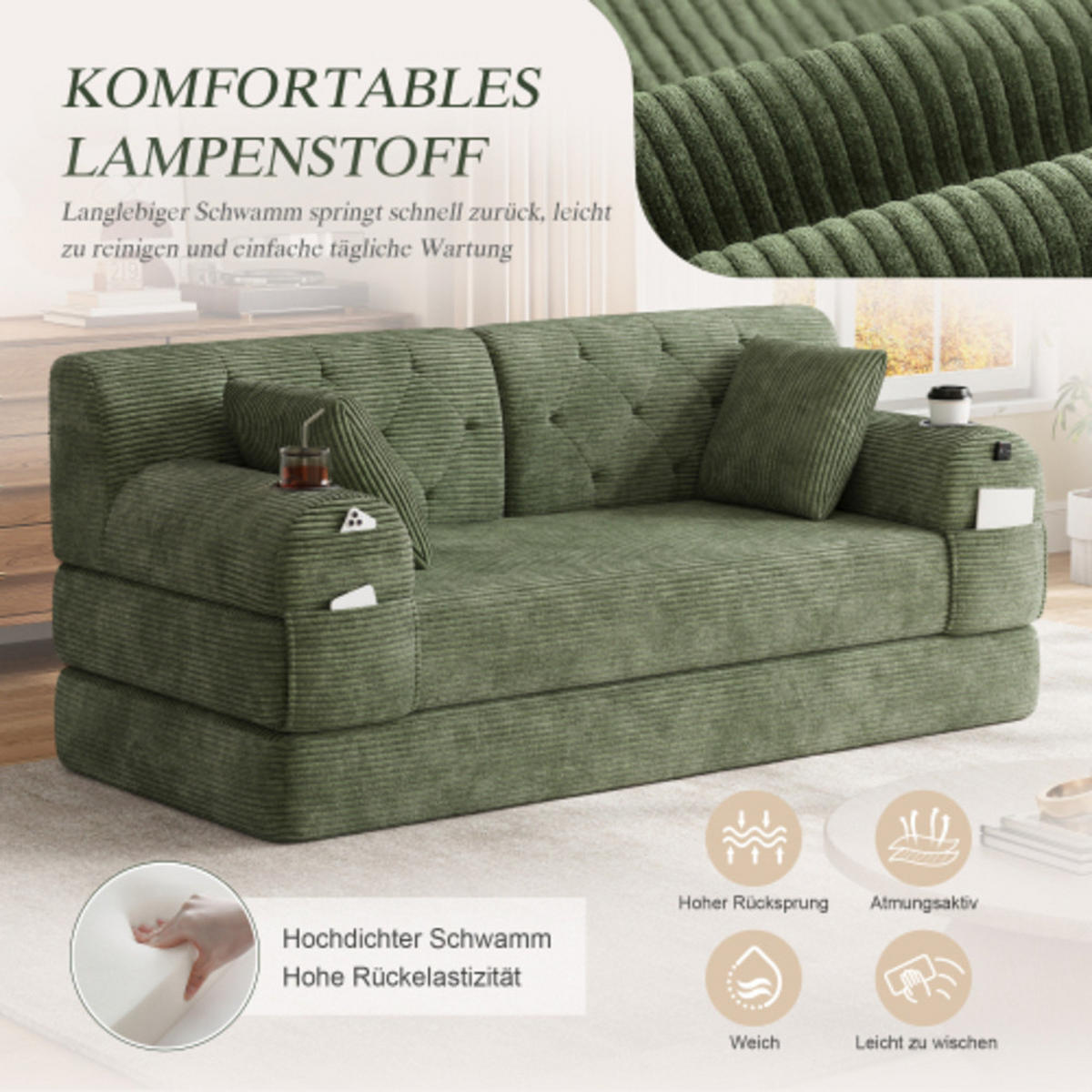 SCHLAFSOFA mit Metallrahmen grün 168×80×81 cm aus Cordstoff - Grün, Textil (80/81/168cm) - Luhomfu