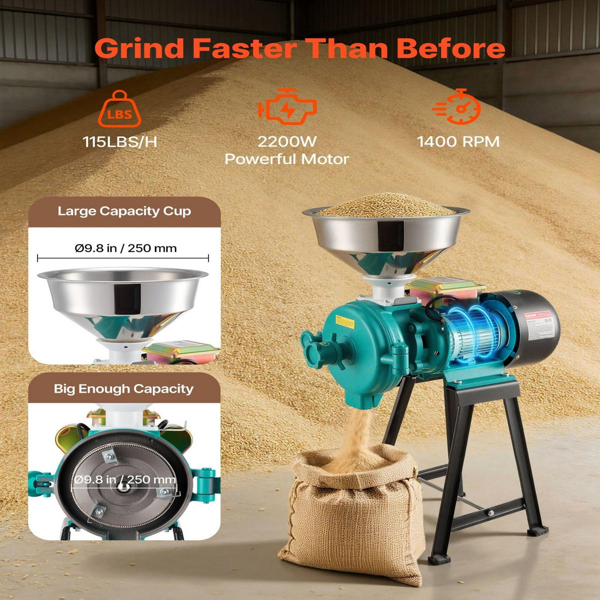 GETREIDEMUHLE und Getreidemühle 2200W Gusseisen - Silberfarben, Metall (33.02/34.01/74.52cm) - Rolipo