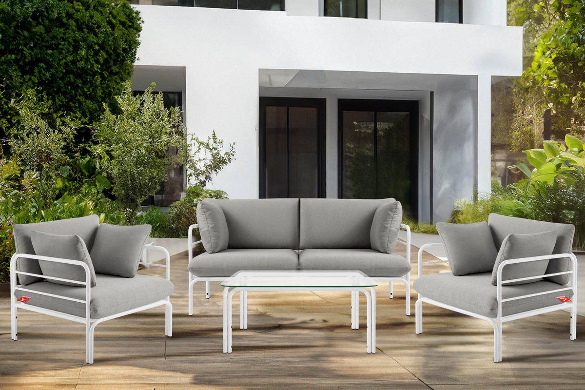 GARTENSESSEL RAMBE inkl. Auflagen, Stahlgestell, Modern, Weiß/Hellgrau - Hellgrau/Weiß, Textil/Metall (79/80/80cm) - KONSIMO®