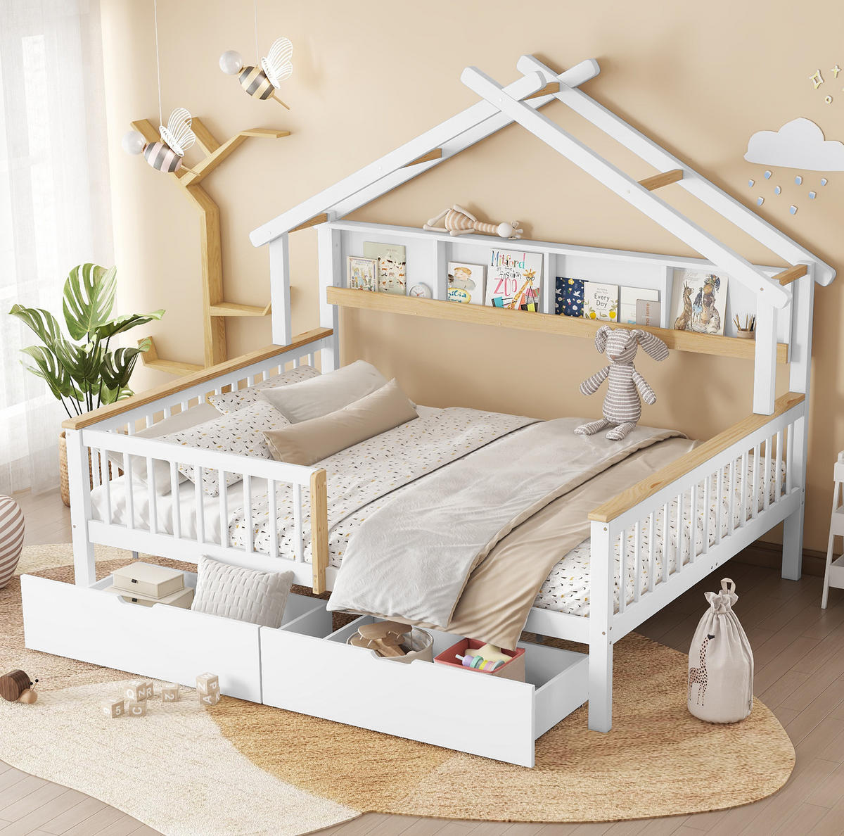 KINDERBETT 140/200 cm aus Kiefer und MDF mit Dach, Fallschutz und 2 Schubladen, Weiß/Natur - Weiß, Holz (140/200cm) - Redom