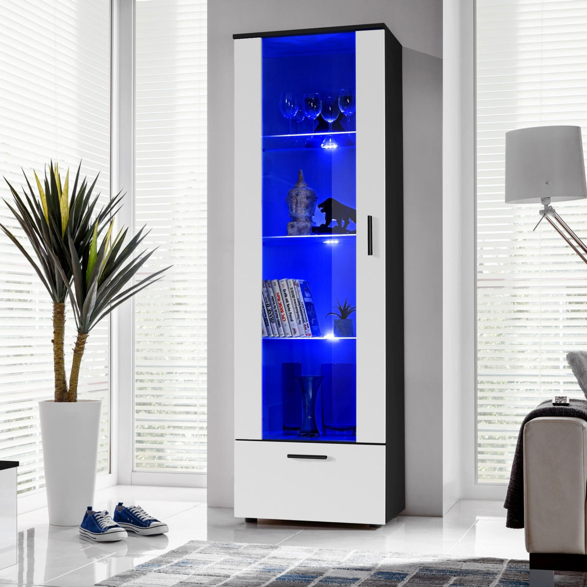 VITRINE ALESSANDRIA, Weiss, LED Blau - Schwarz/Weiß, Glas/Holzwerkstoff (60/192/42cm) - Komodee