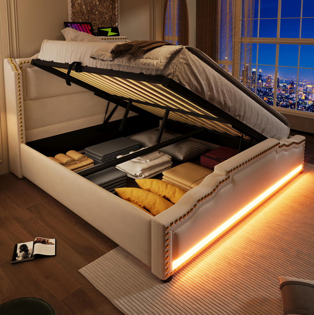 ČALÚNENÁ posteľ z velúru 150/213/120 cm béžová, s hydraulickým úložným priestorom, LED a USB-C - béžová, textil (140/200cm) - BEAOK