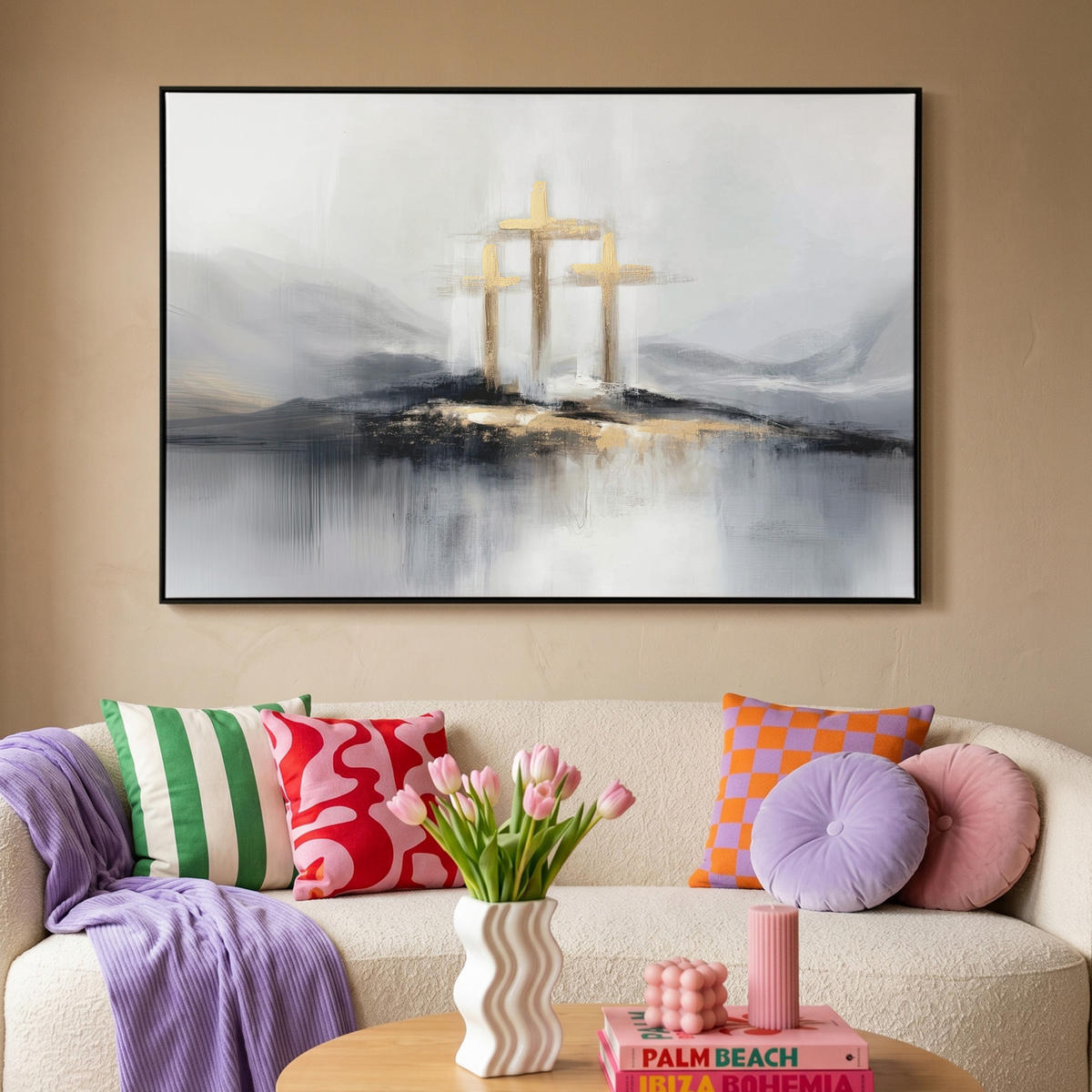 LEINWAND Bilder mit Rahmen - Abstrakt - Malerei - Christentum - Kreuz - 150x100 - Weiß, Textil (150/100cm) - MuchoWow