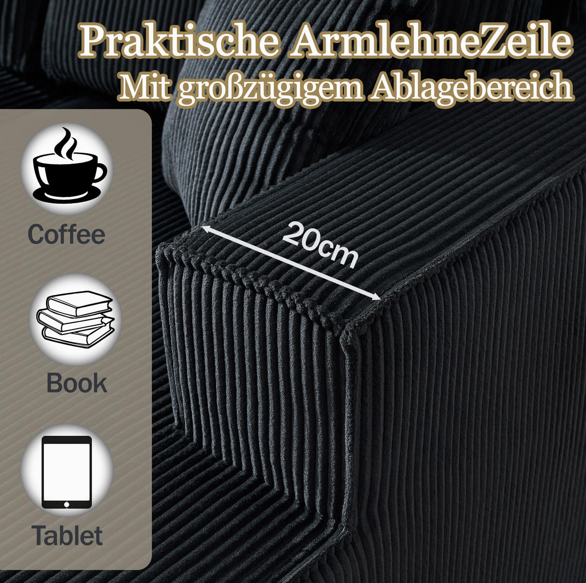 ECKSOFA 235/128/60 cm schwarz aus Cord mit Chaiselongue und 2 Kissen - Schwarz, Textil (128/235cm) - OKWISH