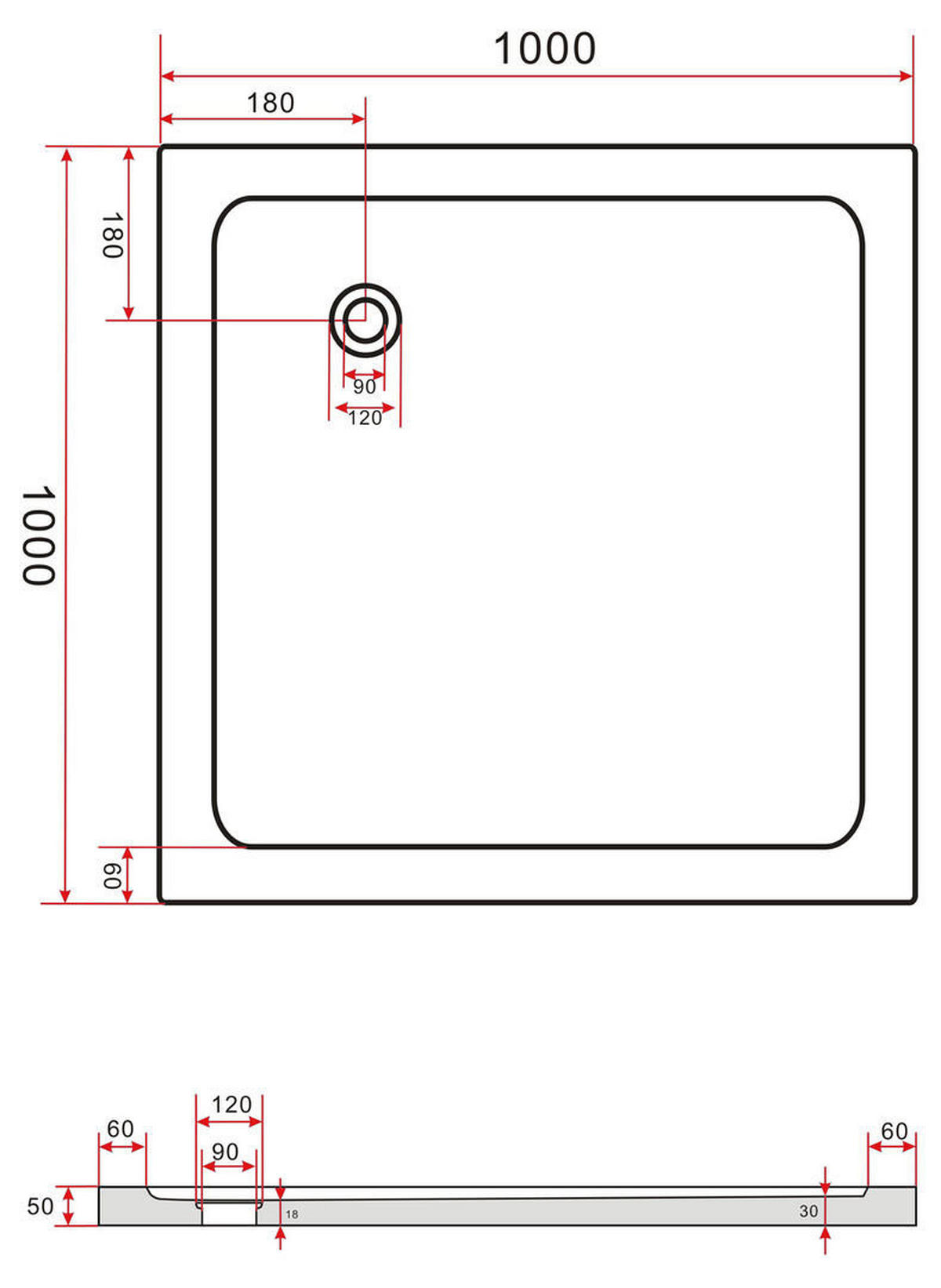 DUSCHTASSE Weiß 100 x 100 x 5 cm Sanitär-Acryl für U-Duschen - Weiß, Kunststoff (100/5/100cm) - Glasdeals