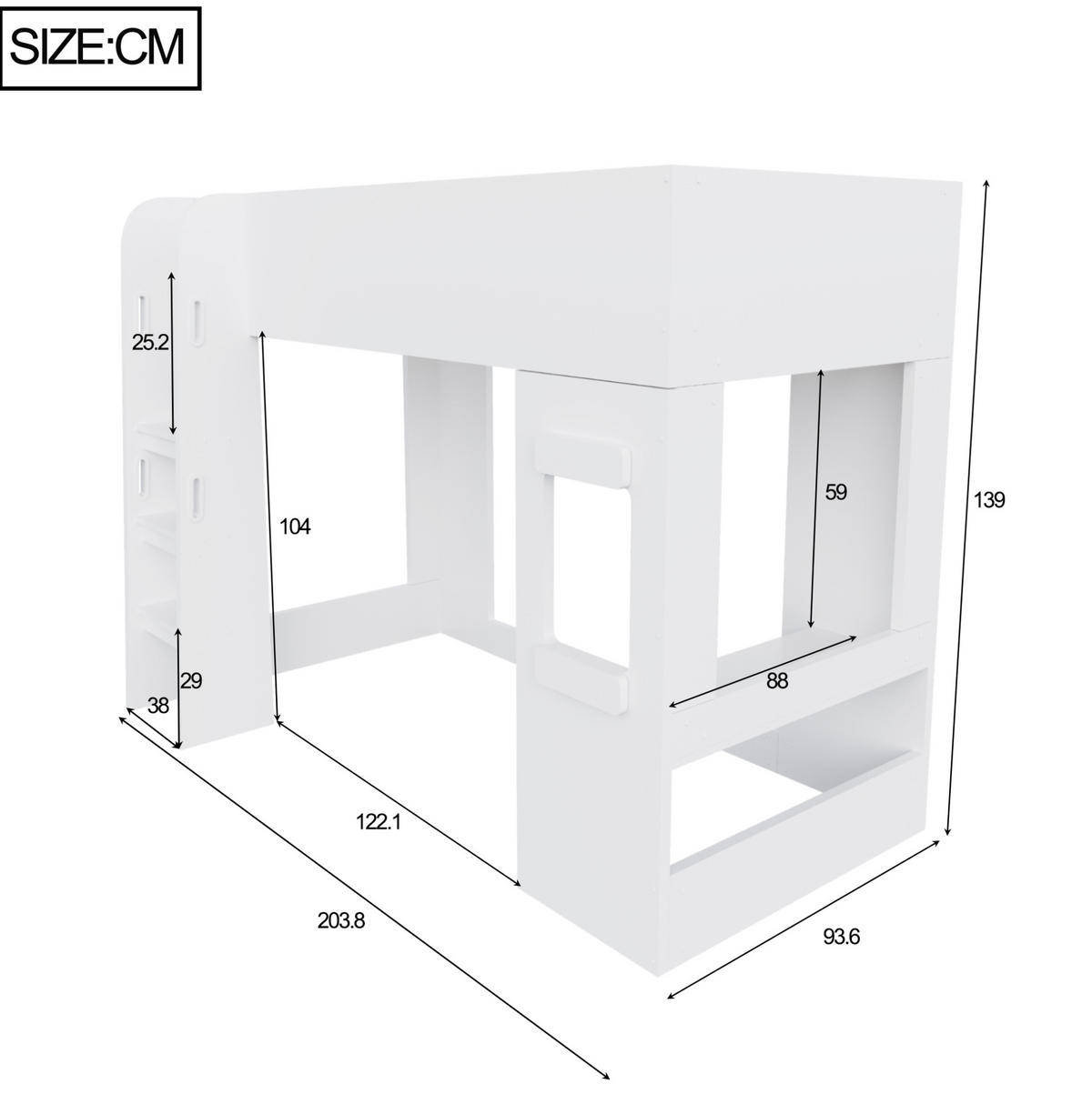 HOCHBETT aus MDF und Sperrholz 90x200 cm Weiß mit Schreibtisch und LED-Beleuchtung - Weiß, Holzwerkstoff (90/200cm) - Modfu