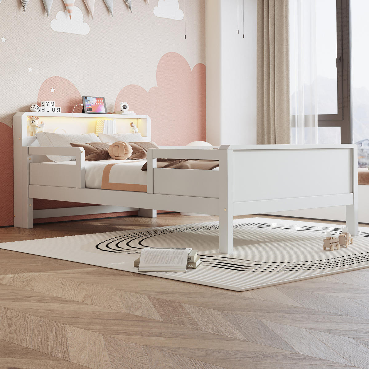 KINDERBETT 90/200 cm Weiß aus Kiefernholz mit LED-Leuchte und Ablagefach - Weiß, Holz (90/200cm) - OKMYHOME