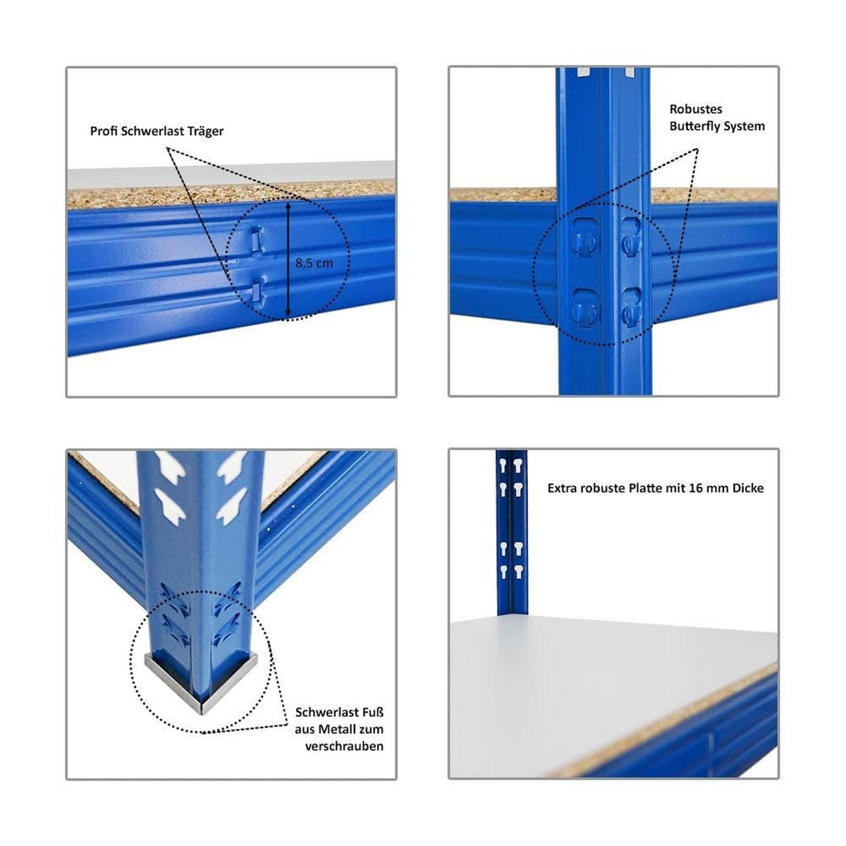 SCHWERLASTREGAL Rhino 3er-Set mit 3x 180x160x60 cm 4 Melamin-Ebenen 16mm Fachlast 500 kg Blau - Blau, Metall (480/180/60cm) - PROREGAL