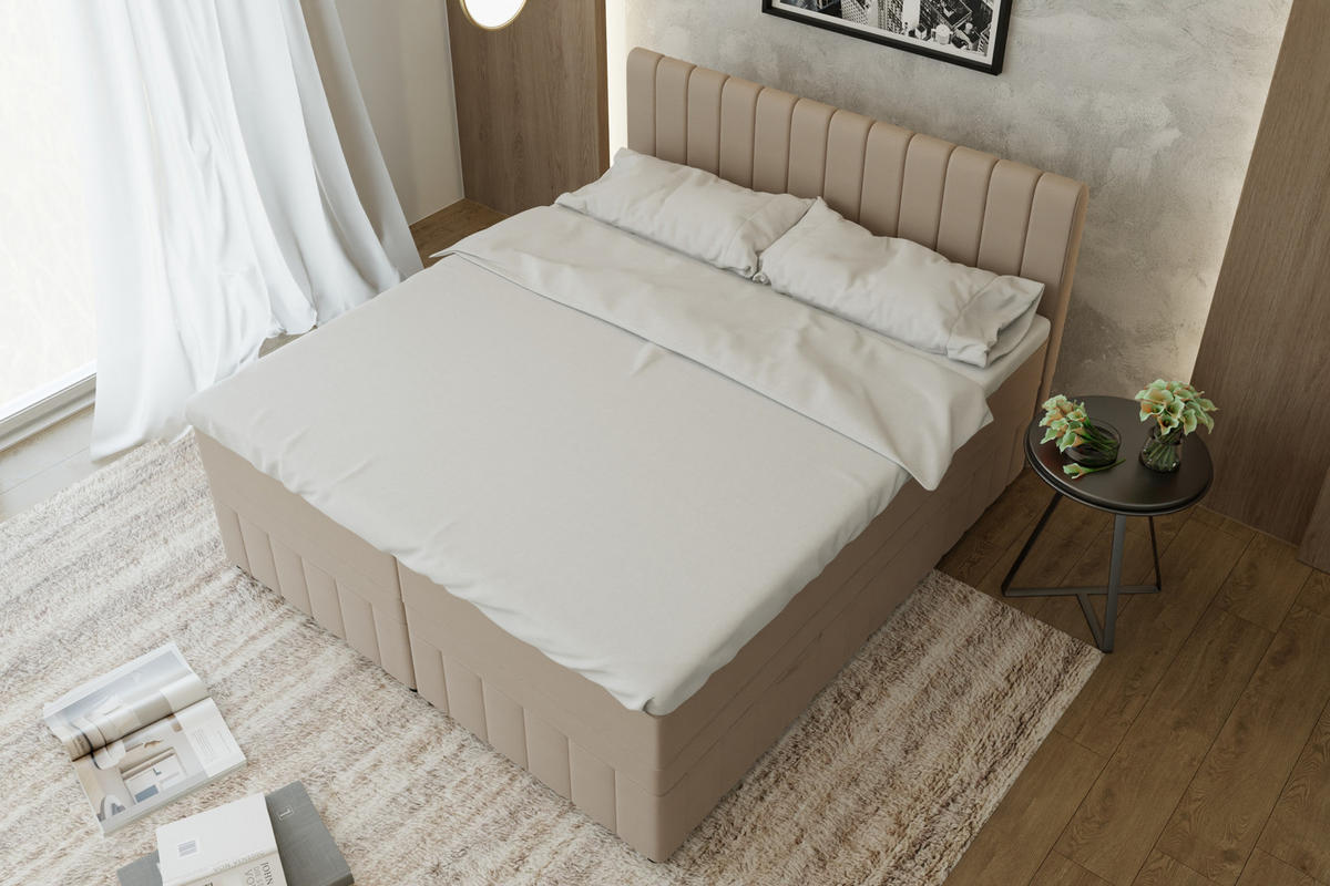 BOXBETT AVALON 180 x 200 cm mit Bettkasten und Topper - Beige - Beige, Holz - Panda Möbel