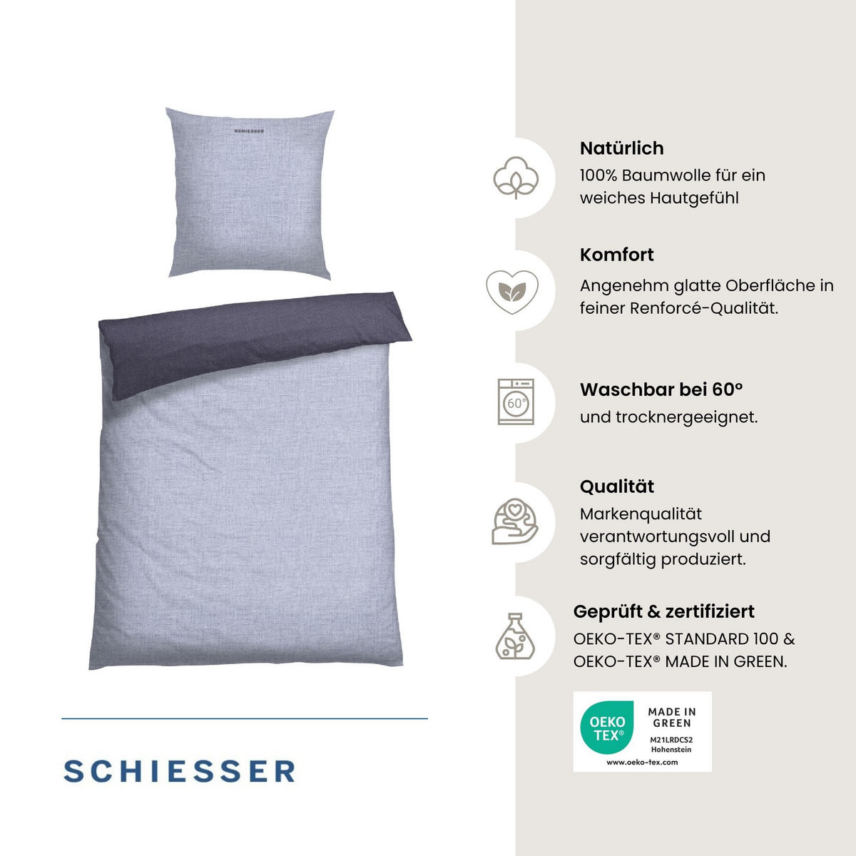BETTWÄSCHESET Doubleface Renforcé 2-teilig 135x200 cm Blau - Blau, Textil (135/200cm) - SCHIESSER