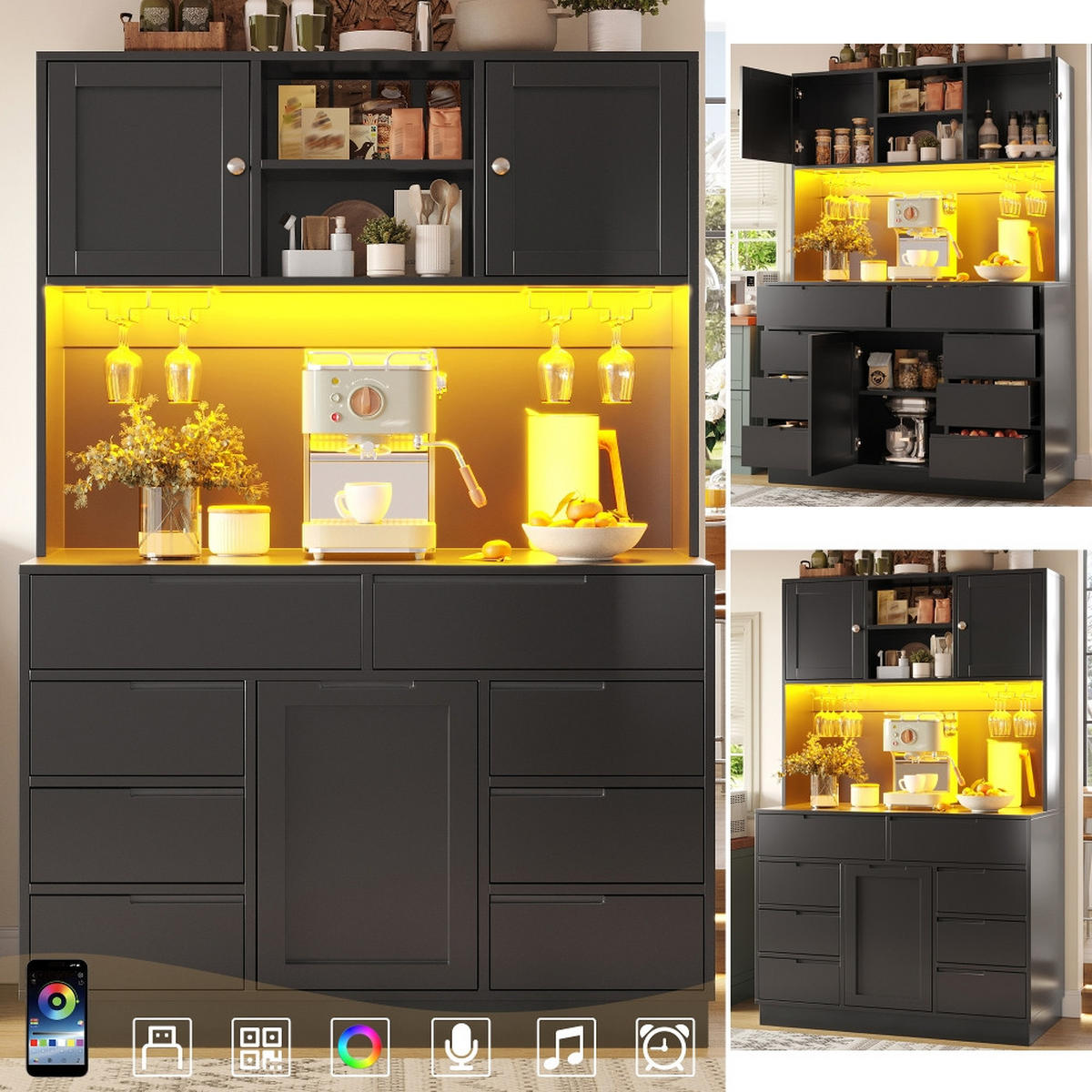 KÜCHENSCHRANK, SMART LED BELEUCHTUNG, 8 SCHUBLADEN, HÖHENVERSTELLBARE BÖDEN, Schwarz, 120/40/183,5 cm - Schwarz, Kunststoff (40/183.5/120cm) - Rolipo
