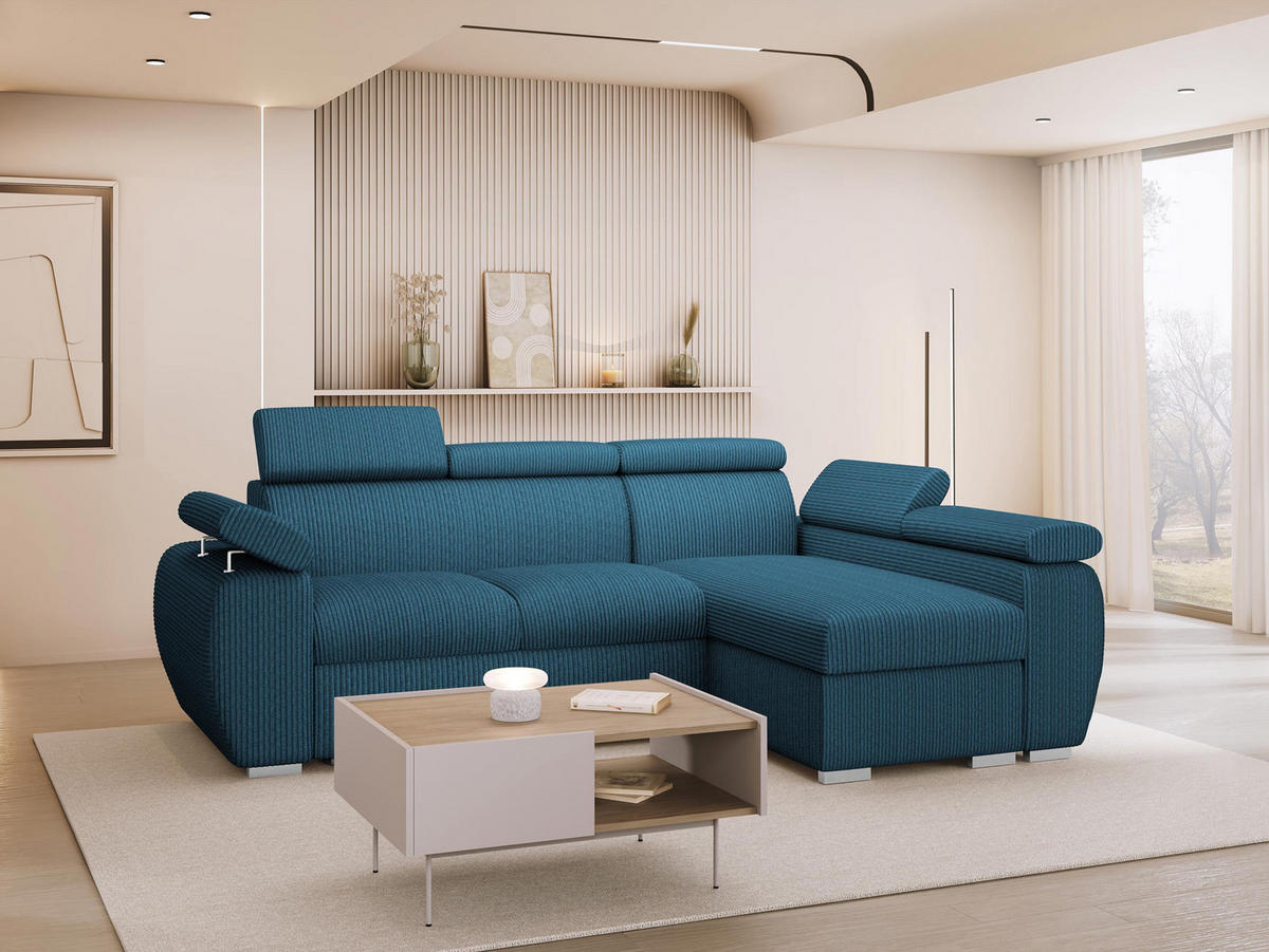 ECKSOFA Boston Mini Premium Cord 2RLC Seite: Rechts 2R+LC - Chromfarben/Blau, Holz/Textil (255/170cm) - MIRJAN24