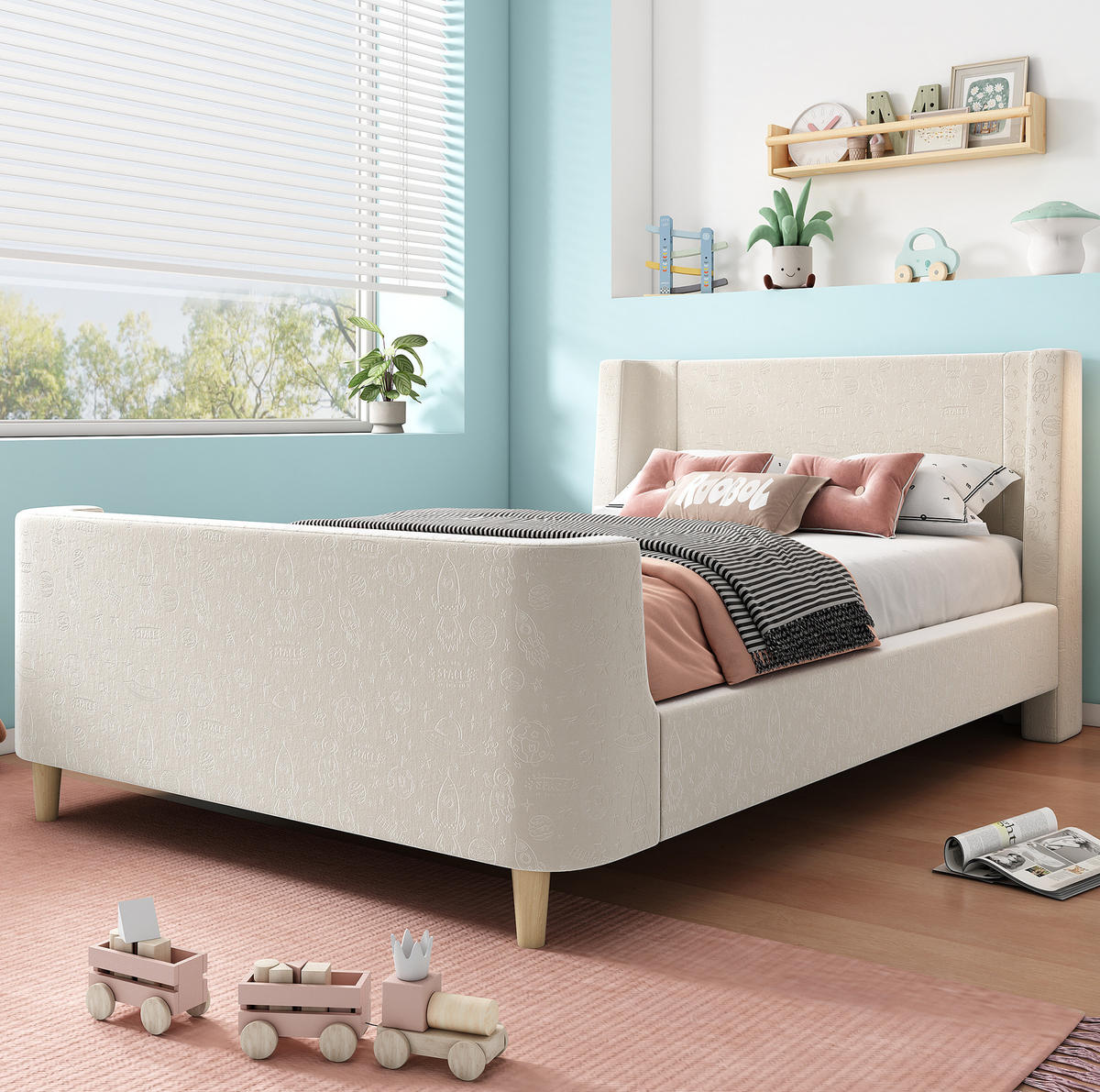KINDERBETT 90/200 cm Beige mit Cartoon-Weltraummuster - Beige, Textil (90/200cm) - OKWISH