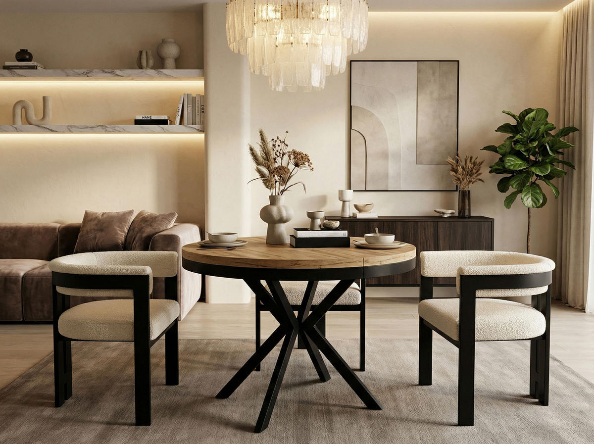 ESSTISCH Ross runder ausziehbarer, Craft Eiche 120-200/120/76 cm - Eiche Wotan/Schwarz, Holzwerkstoff/Metall (120/120/76cm) - WFL GROUP