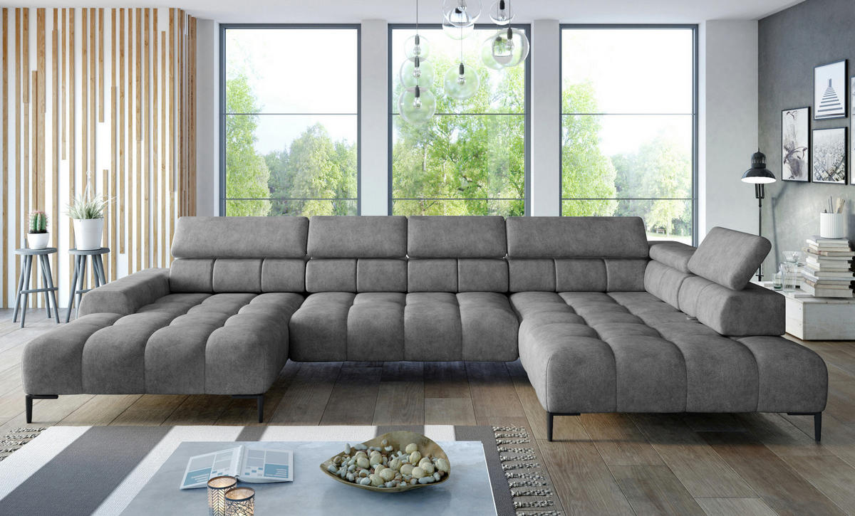 ECKSOFA PLAZA XL U-förmig, modern, mit verstellbarer Kopfstütze, Schlafmöglichkeiten, freistehend, RECHTS 385x177x99 cm Grey - Grau, Holz/Textil (385/177cm) - DomoHome