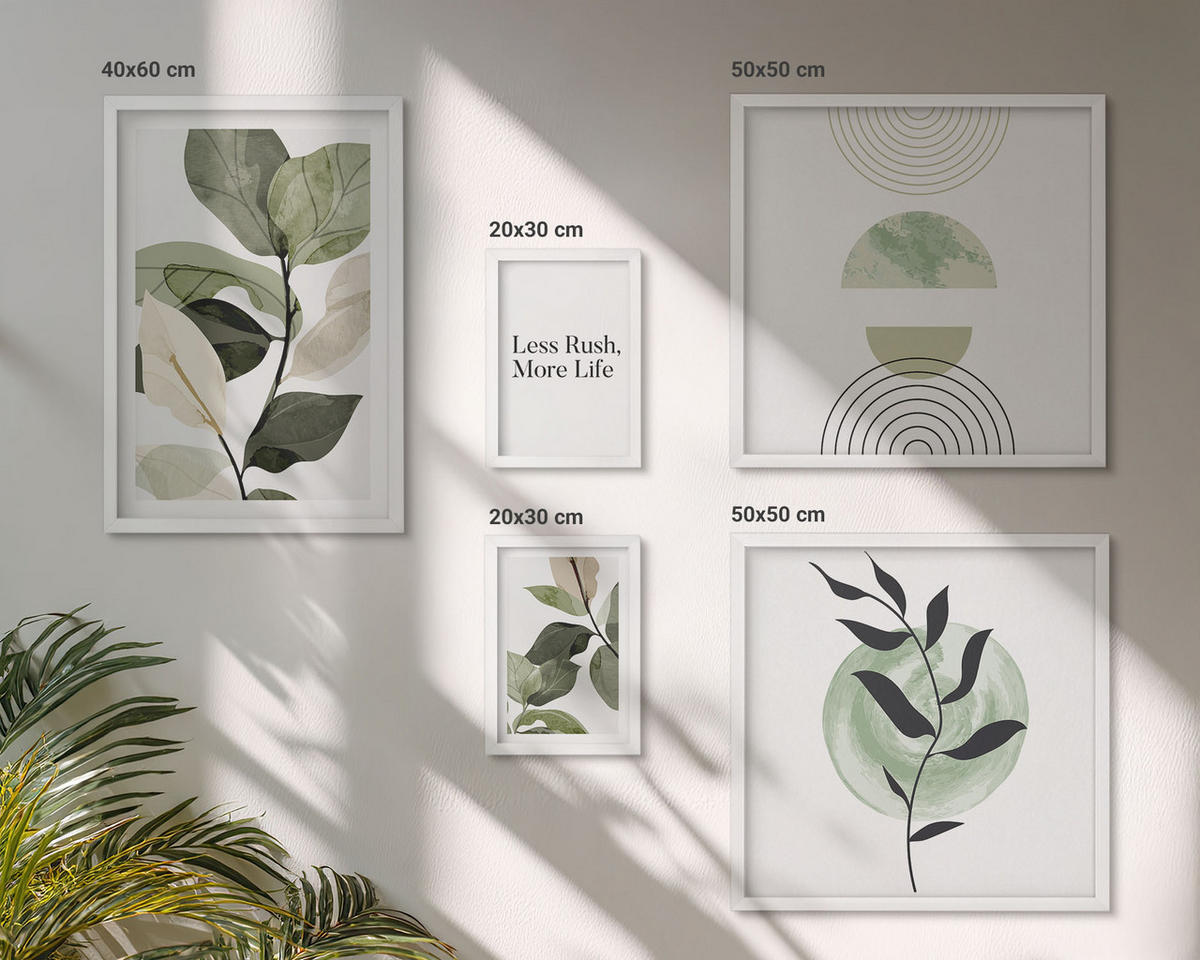 WANDBILDER 5er-Set - 50x50 cm & 20x30 cm & 40x60 cm Weißer Rahmen - Geometrische Pflanzenformen - Weiß, Kunststoff (40/60cm) - ArtPrintCave