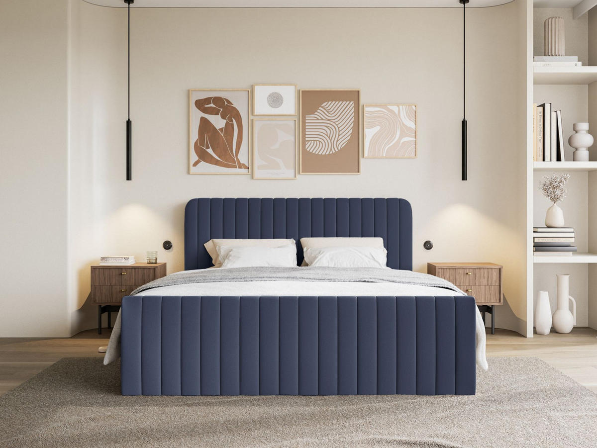 BOXBETT Saliano mit Topper und Chenille-Bezug Marineblau, 140x200 cm - Dunkelblau, Kunststoff/Textil (140/200cm) - Selsey