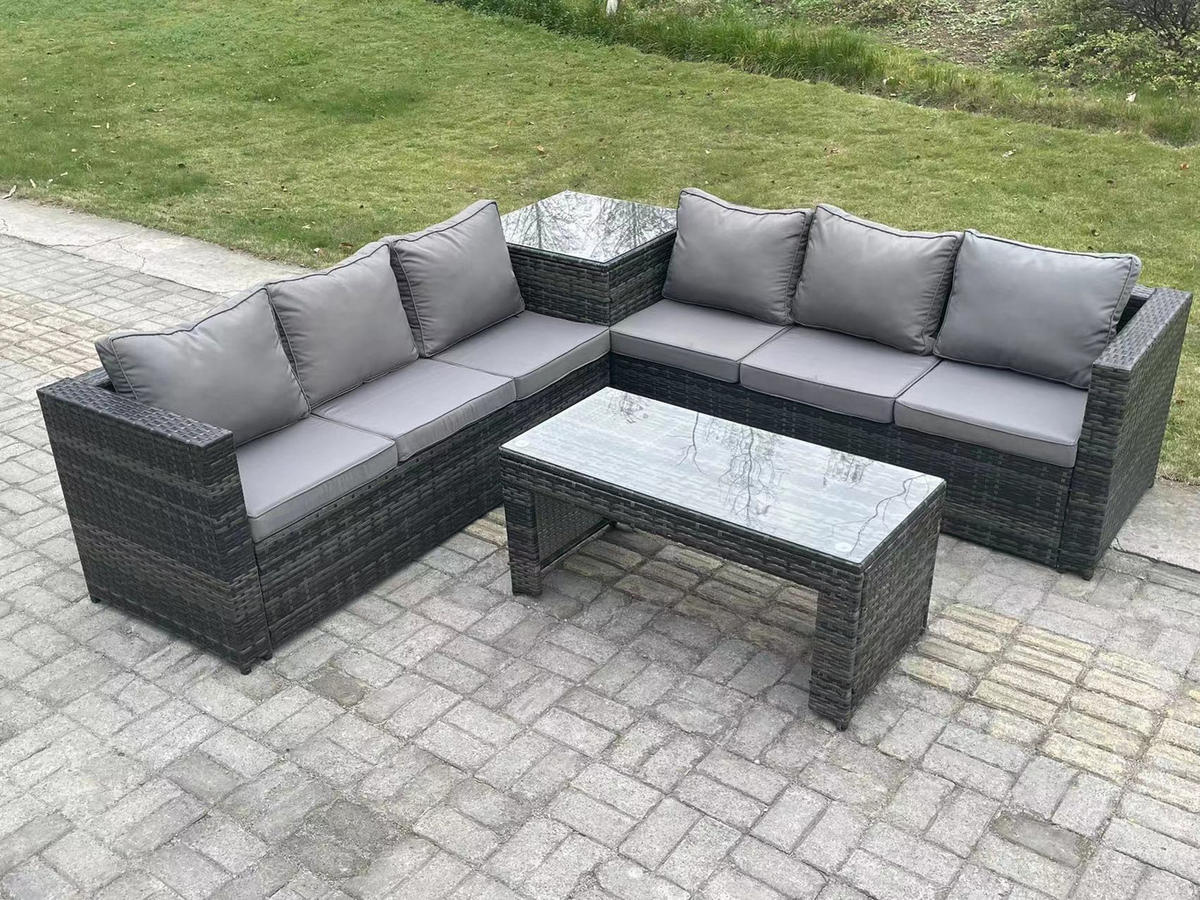GARTENTISCHGRUPPE Polyrattan 6-Sitzer - Dunkelgrau/Grau, Glas/Kunststoff - Fimous