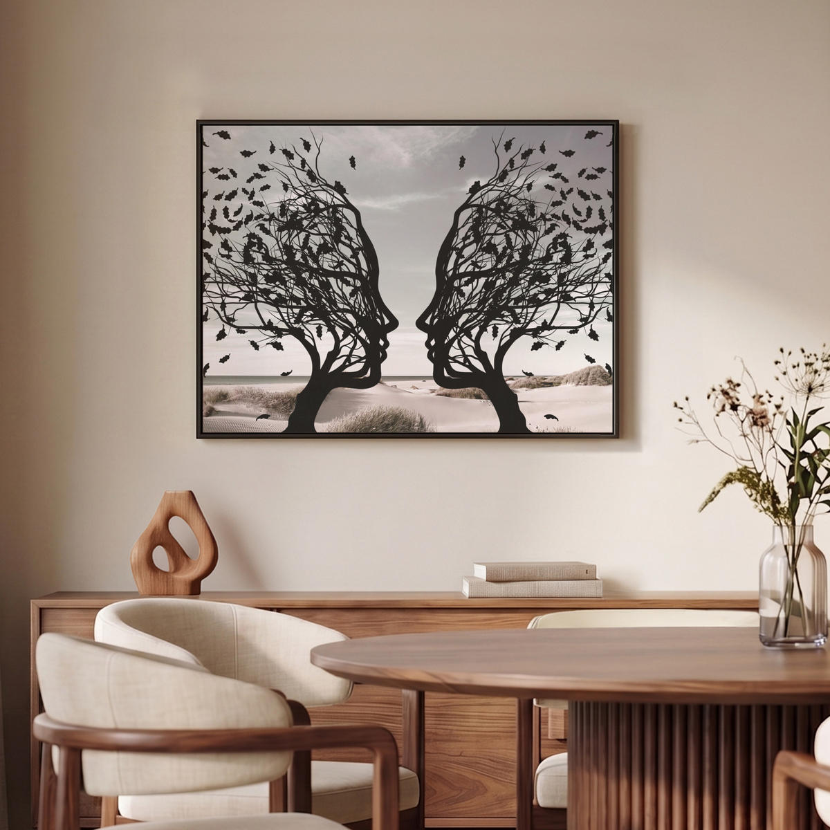 LEINWAND Bilder mit Rahmen - Strand - Meer - Menschen - Baum - Moderne Kunst - 80x60 - Hellgrau, Textil (80/60cm) - MuchoWow